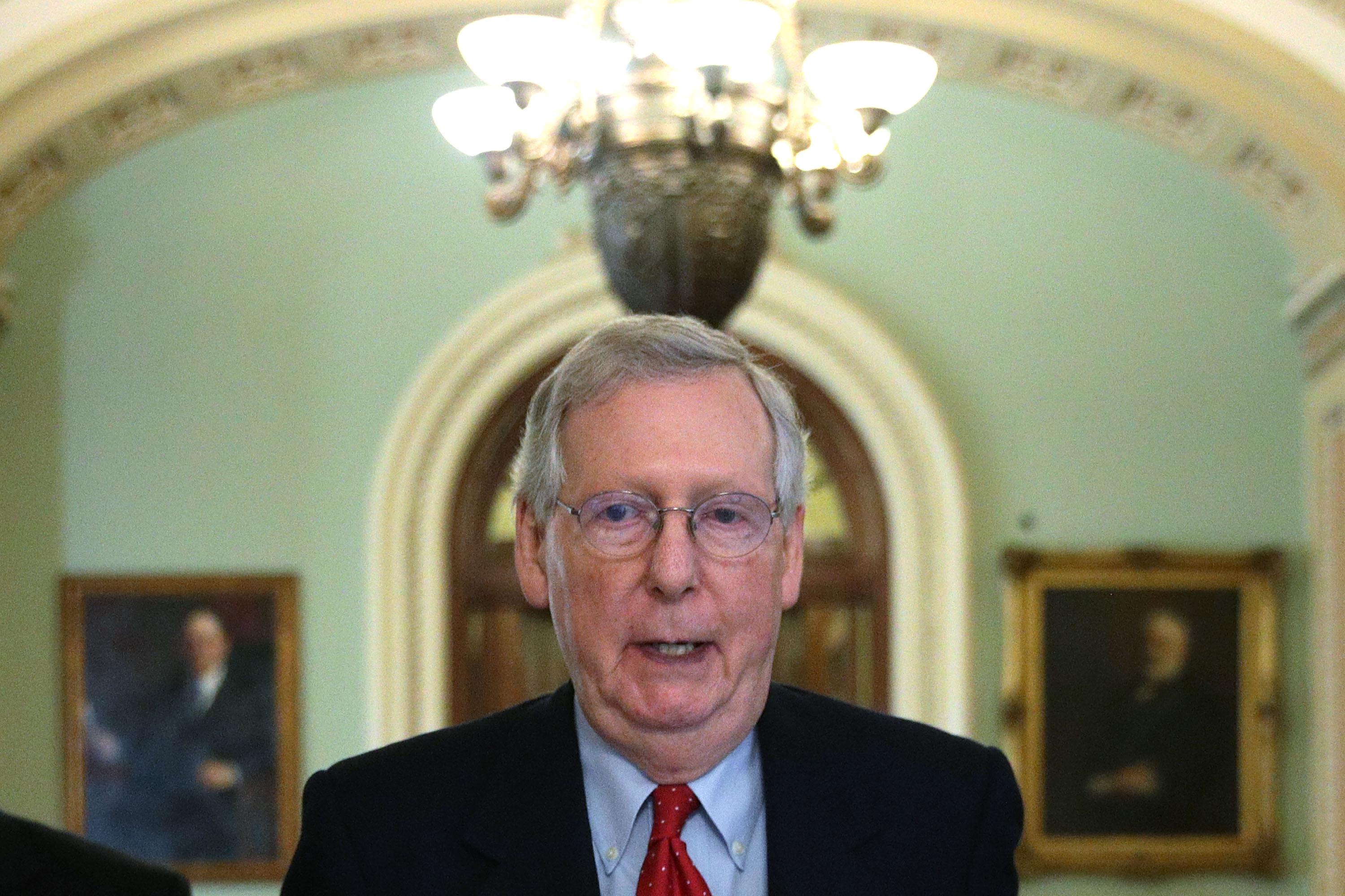 WASHINGTON, DC - DECEMBER 01:  U.S. Senate Majority Leader Sen. Mitch McConnell (R-KY) walks from the Senate chamber to his office December 1, 2017 at the Capitol in Washington, DC. Senate GOPs indicate that they have enough votes to pass the tax reform bill.  (Photo by Alex Wong/Getty Images)
