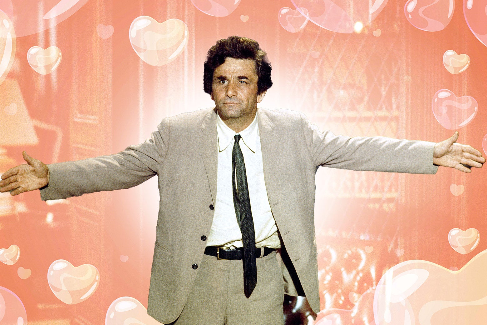 Peter Falk as Columbo in a trench coat with his arms open amongst hearts.
