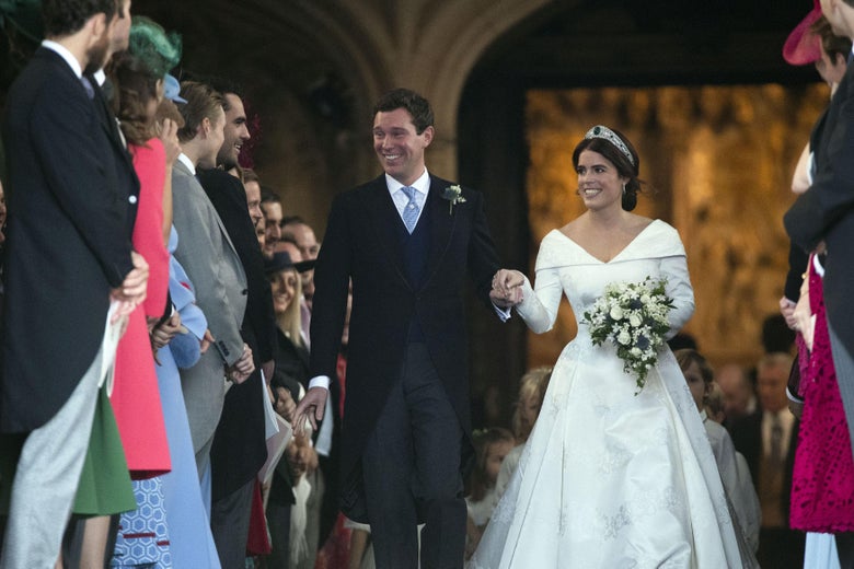 Britain’s Princess Eugenie of York and her husband Jack Brooksbank at their wedding ceremony in St. George’s Chapel in Windsor on Friday.