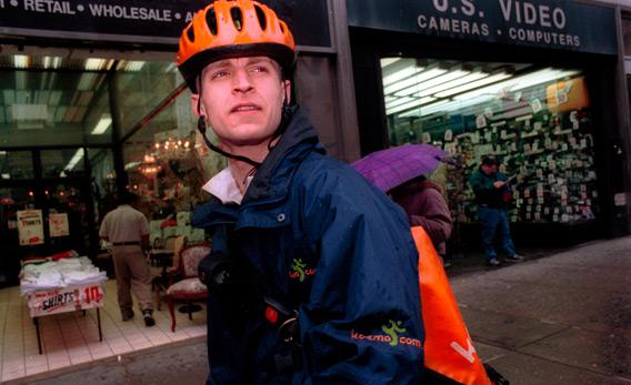 A Kozmo.com messenger makes his rounds February 11, 2000 in downtown New York City.