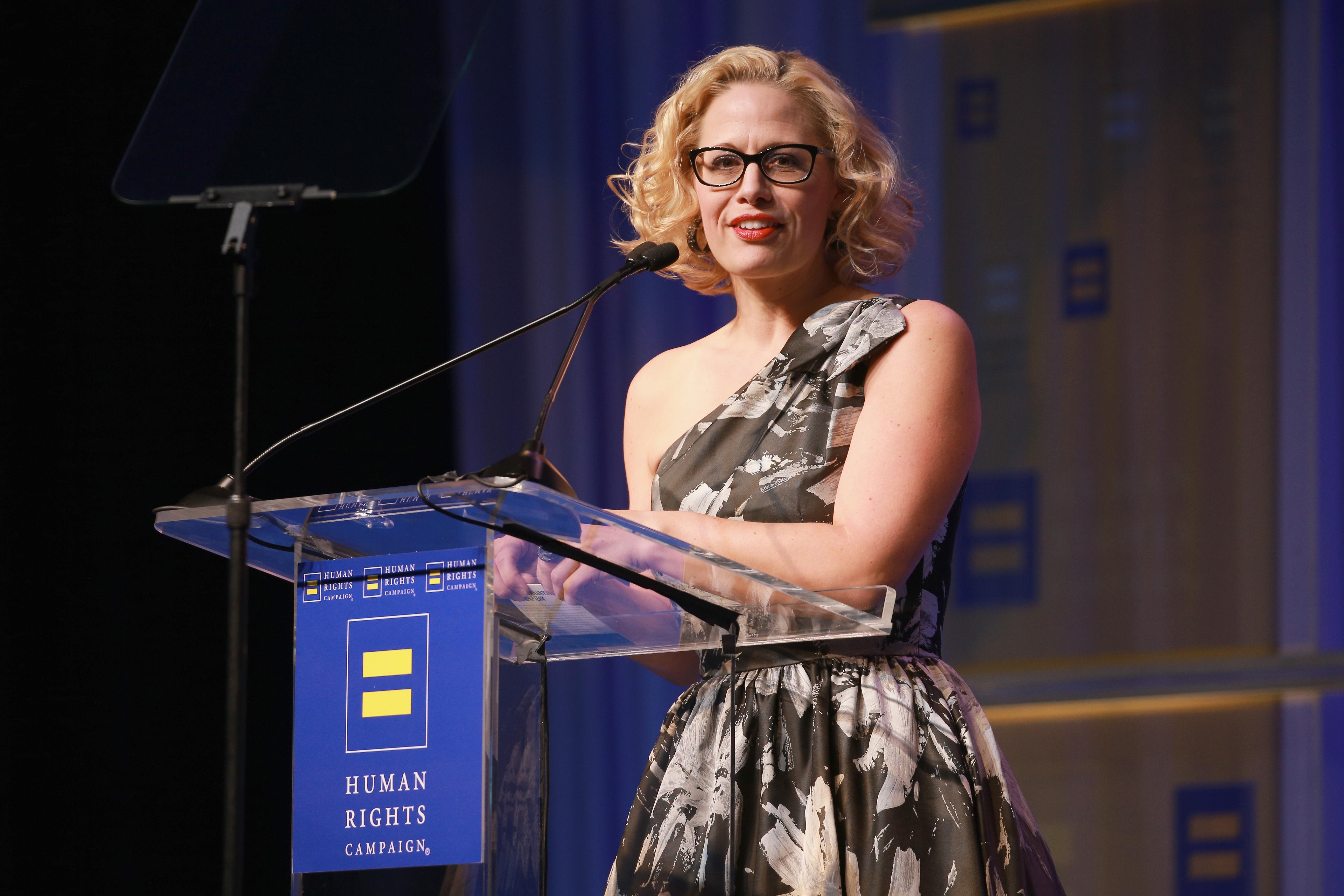 Rep. Kyrsten Sinema speaks at the Human Rights Campaign 2018 gala in Los Angeles.