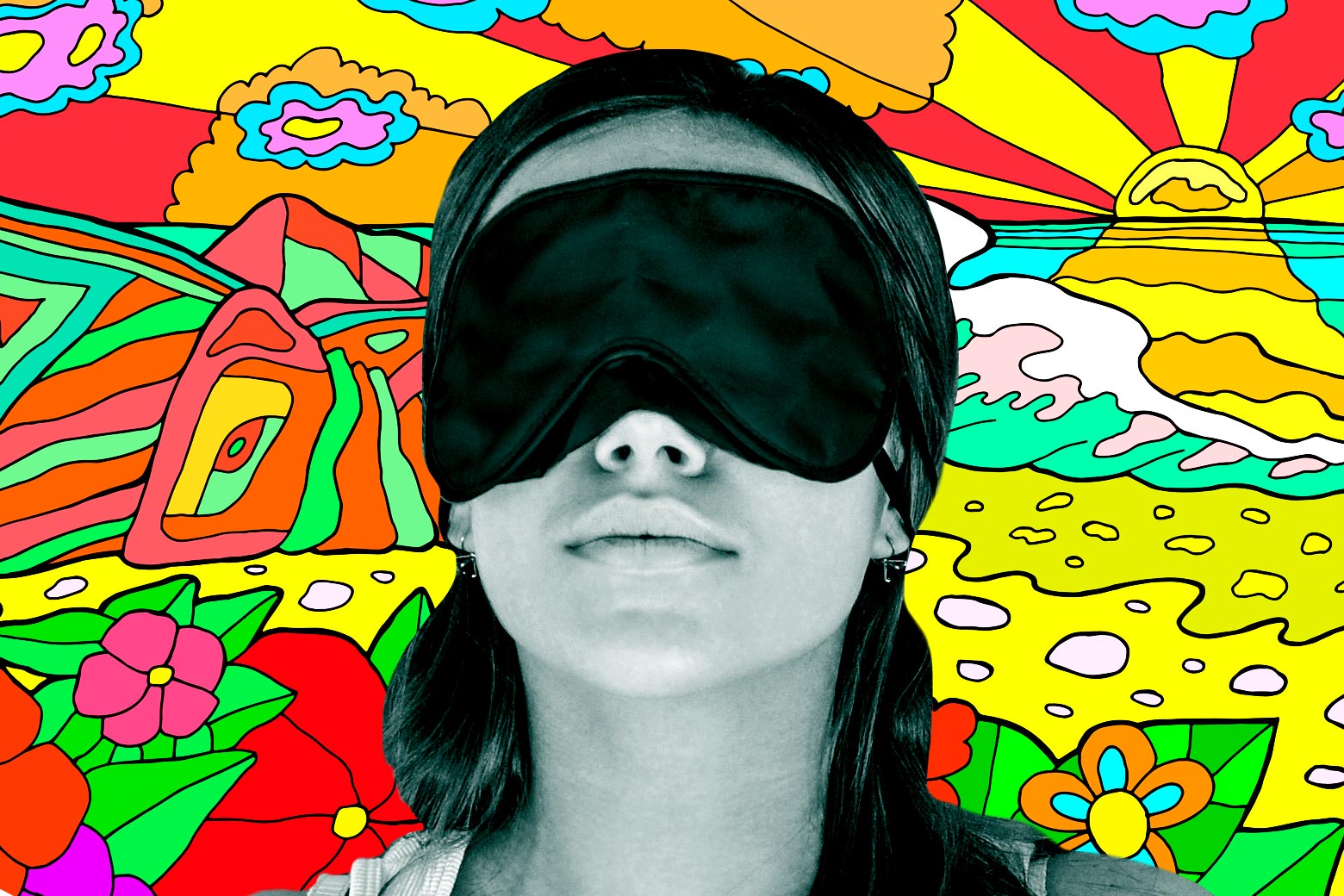 Woman wearing a sleeping mask, with a psychedelic landscape in the background.