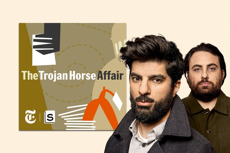 The Trojan Horse Affair logo and the two hosts of the podcast.