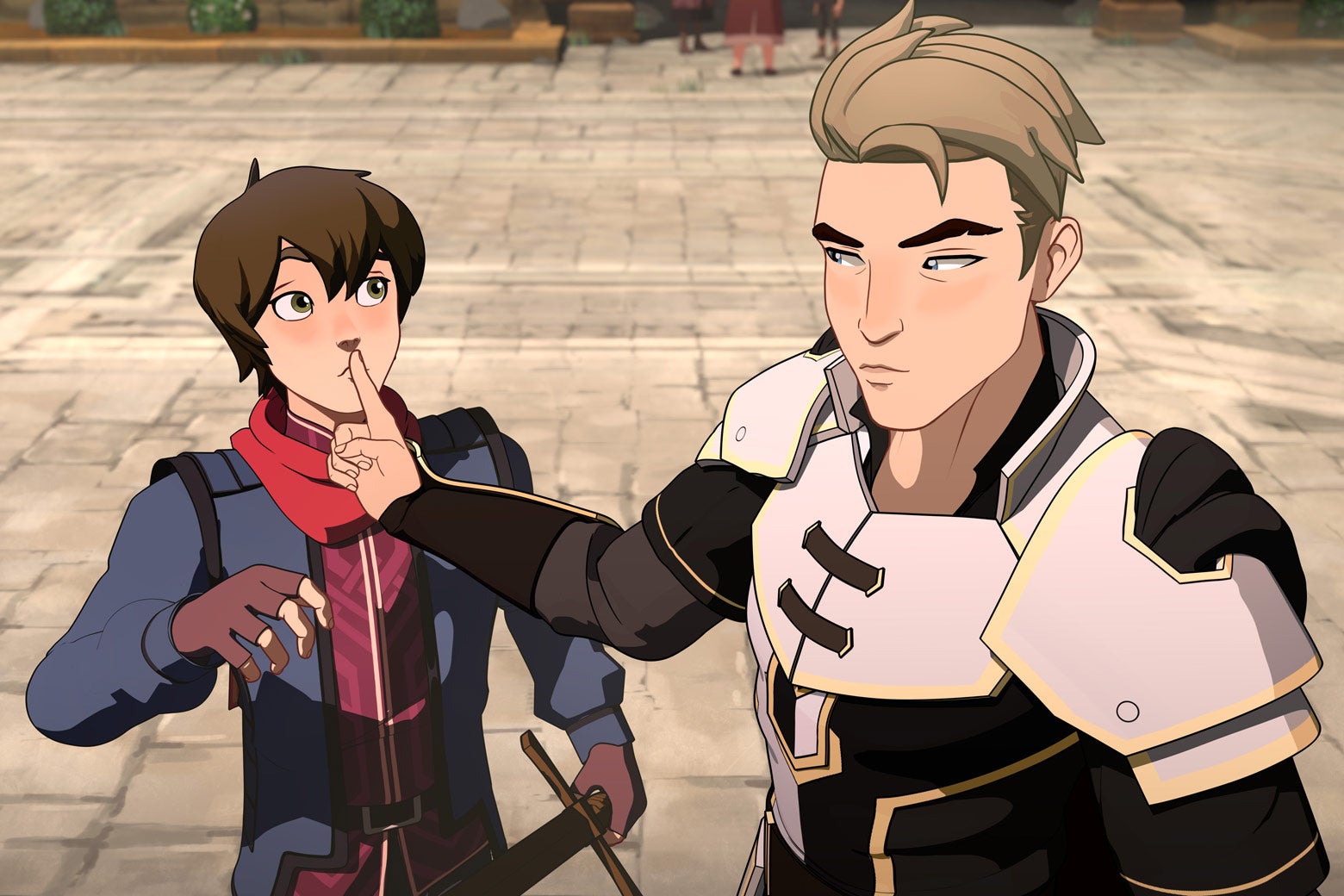 In a frame from the animated show The Dragon Prince, Soren holds a finger to Callum's lips to shush him. Callum's face is shocked, probably, and Soren looks serious.
