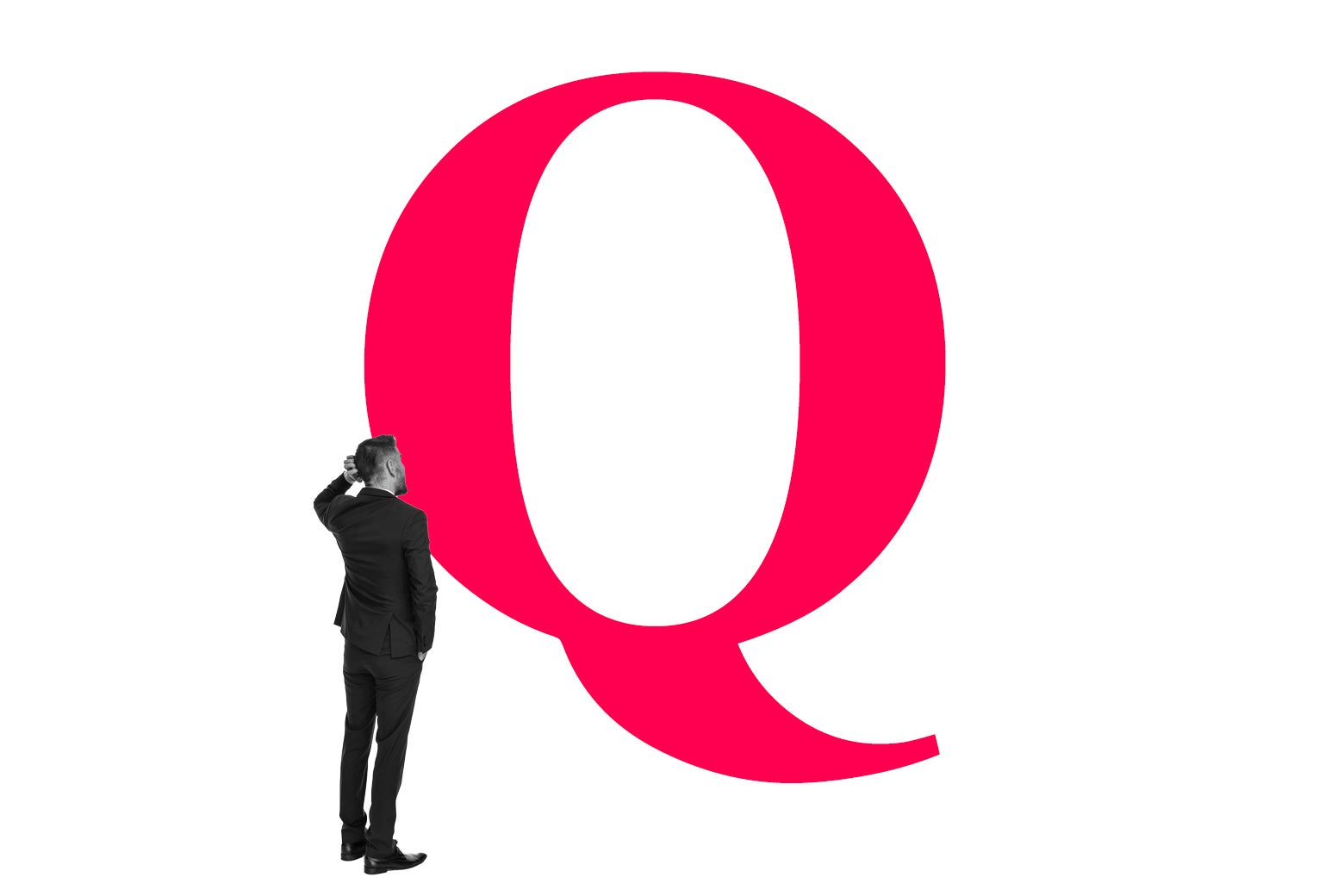 Man scratching his head looking at a large Q.
