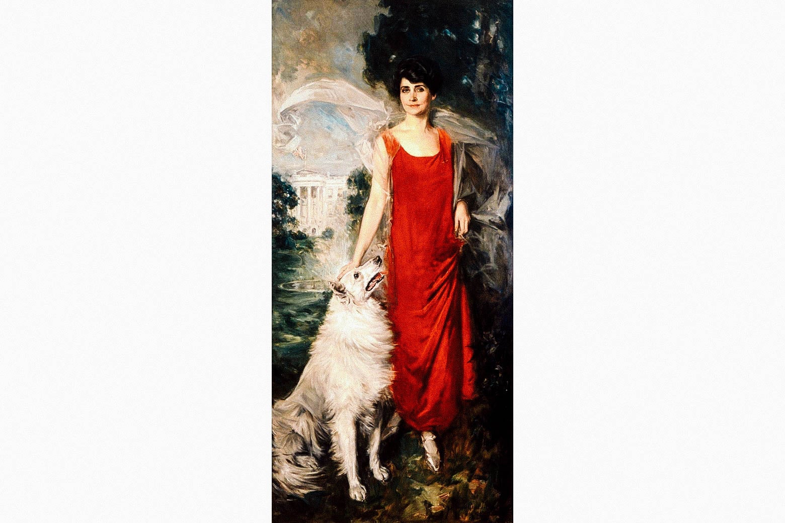 Howard Chandler Christy’s oil portrait of Grace Coolidge in a long red dress, with a white collie looking up at her adoringly.