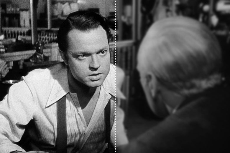 A still from Citizen Kane with Orson Welles talking to a gray-haired man. The left half is sharp and the right half is blurry with a dotted dividing line down the middle.