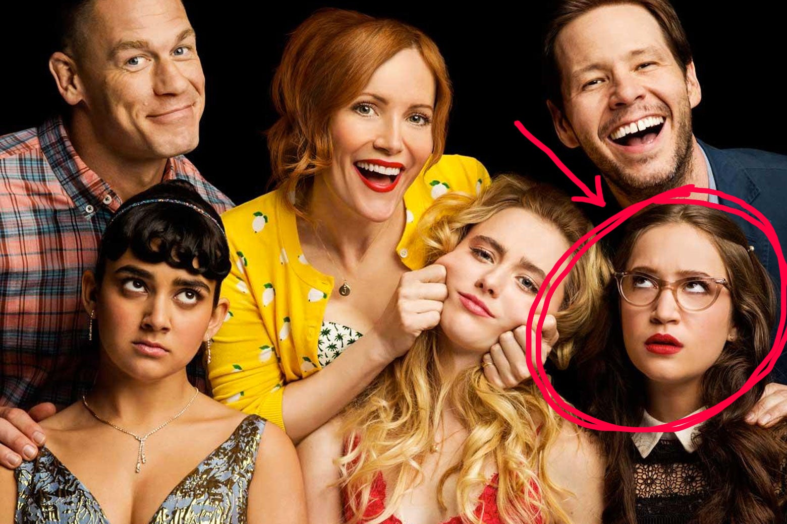 The cast of Blockers with Sam’s character circled in red with an arrow pointing to her.