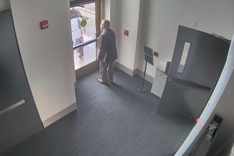 Surveillance video shows the moment State Rep. Mike Nearman opened the door and allowed protesters to enter the Oregon State Capitol on Dec. 21, 2020.