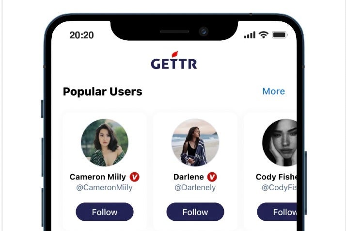 A promotional image of GETTR's interface featuring profile photos of three young women in the Popular Users section