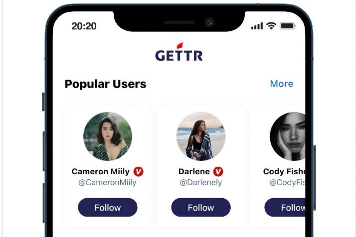 A promotional image of GETTR's interface featuring profile photos of three young women in the Popular Users section