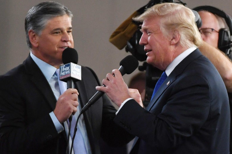 Fox News Channel and radio talk show host Sean Hannity interviews President Donald Trump before a campaign rally at the Las Vegas Convention Center on September 20, 2018 in Las Vegas, Nevada. 