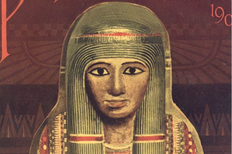 A painted mummy case on the cover of a magazine.
