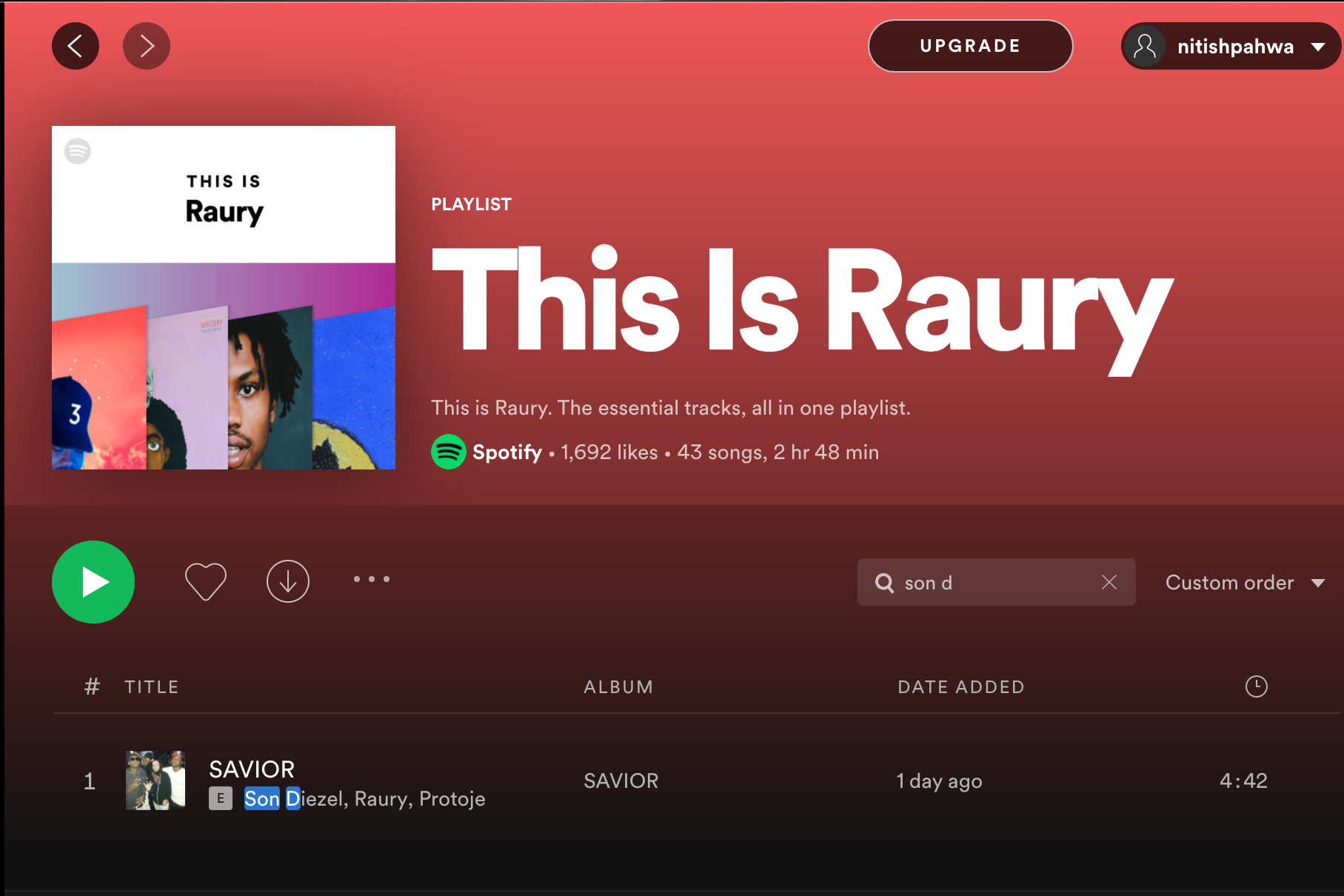 This Is Raury Spotify playlist page listing the track "SAVIOR" by artists Son Diezel, Raury, and Protoje