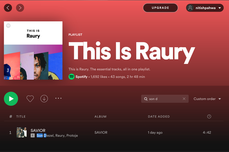 This Is Raury Spotify playlist page listing the track "SAVIOR" by artists Son Diezel, Raury, and Protoje