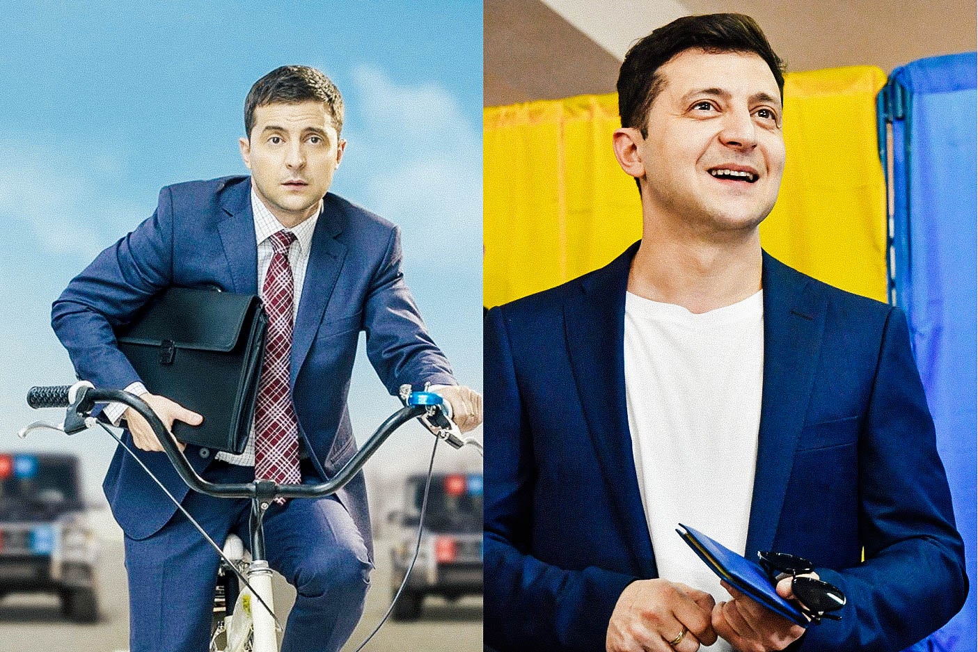 Photo collage of Zelensky in a still from the sitcom Servant of the People and at a polling station during Ukraine's election.