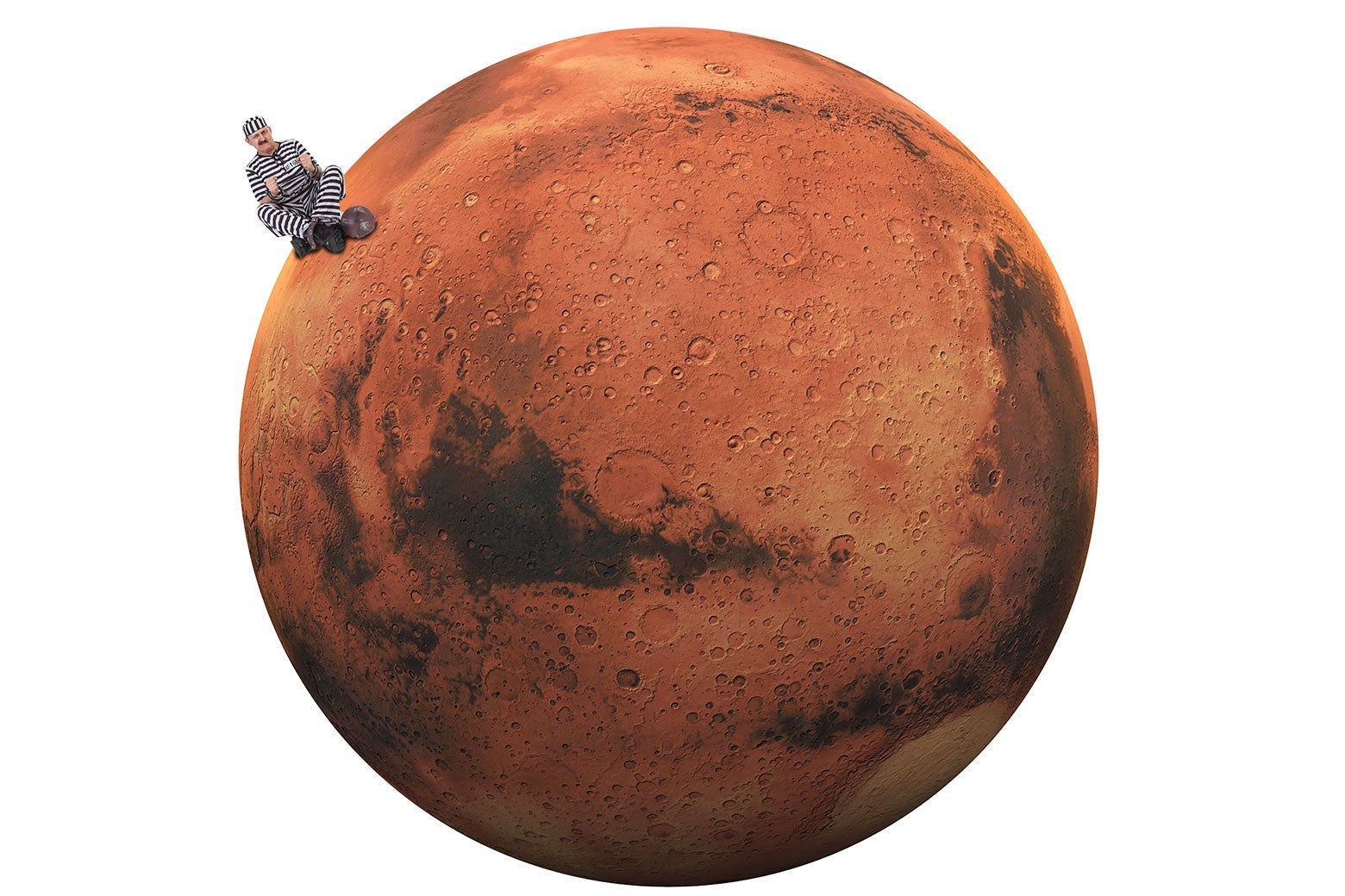 A person in prison clothes sitting on Mars.