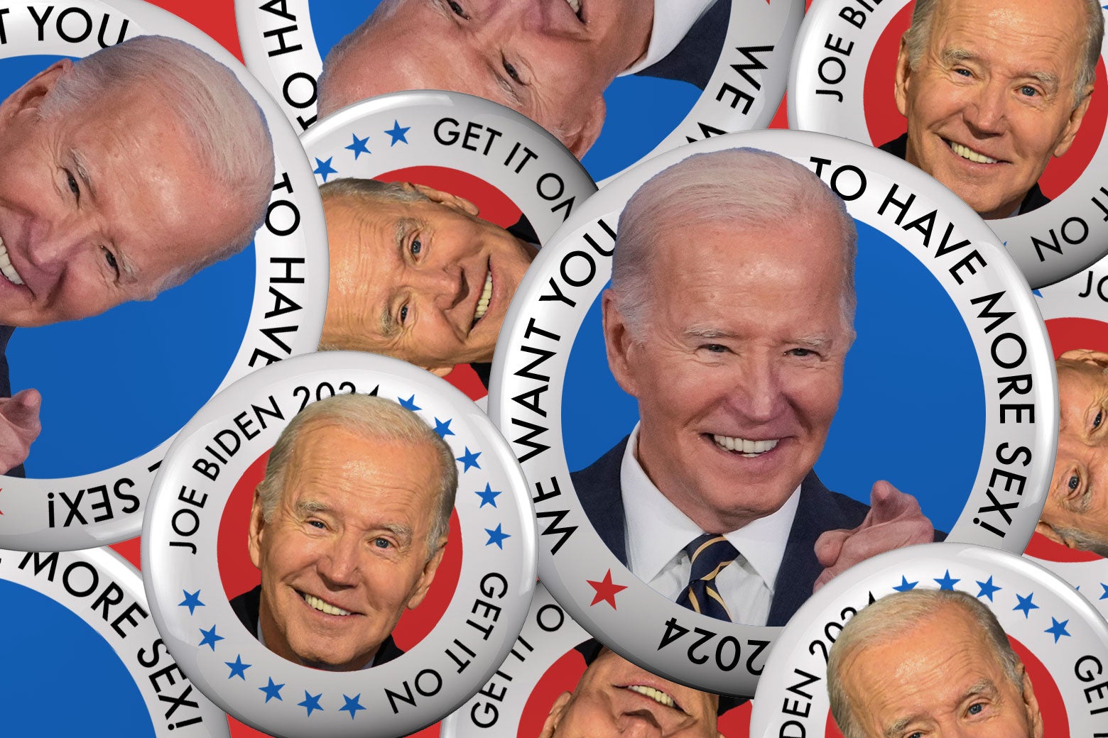 A collage of pins with Joe Biden campaign 2024 encouraging people to "Get it on" and "Have more sex."
