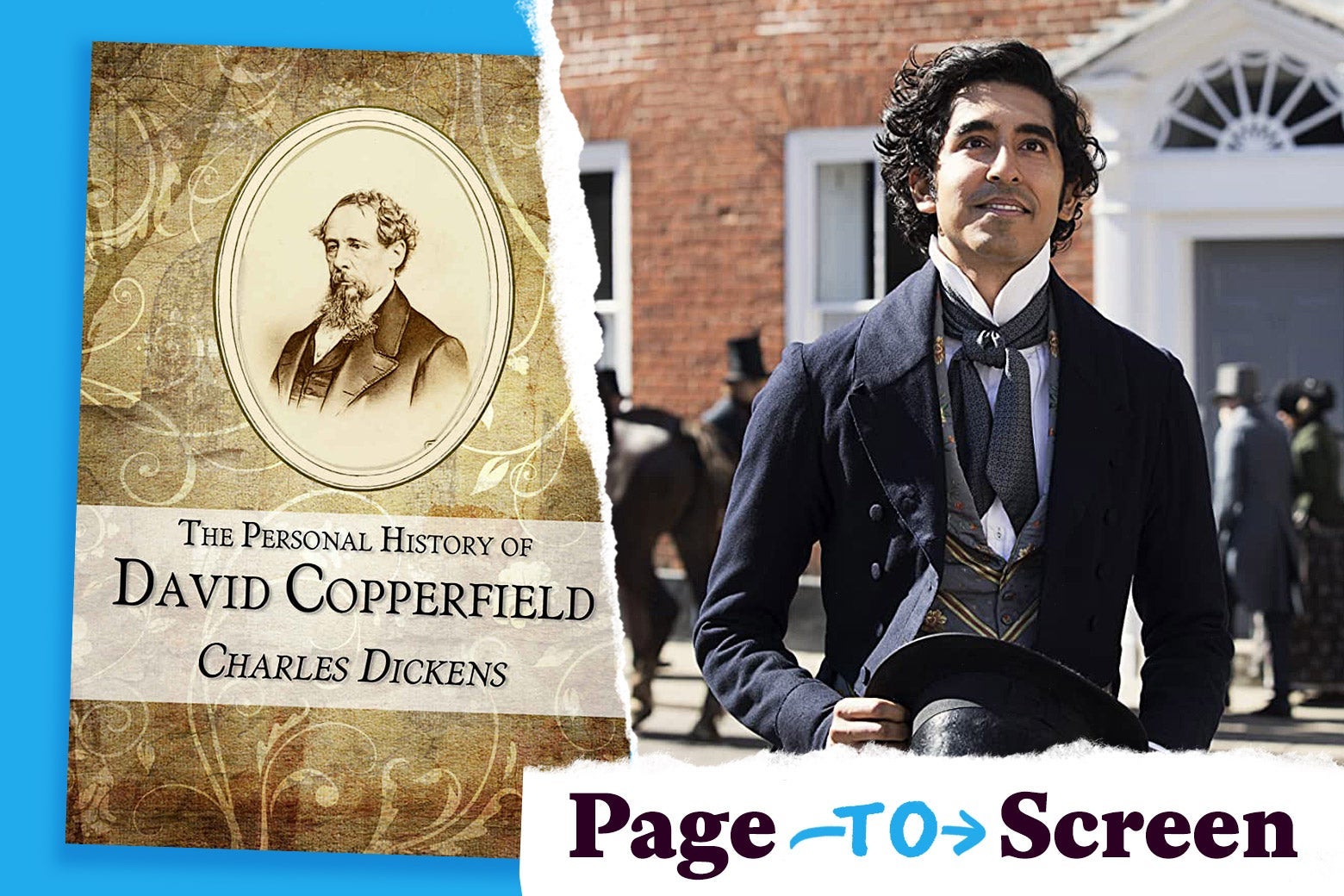 David Copperfield book cover next to a still of Dev Patel as the title character in the new movie adaptation.