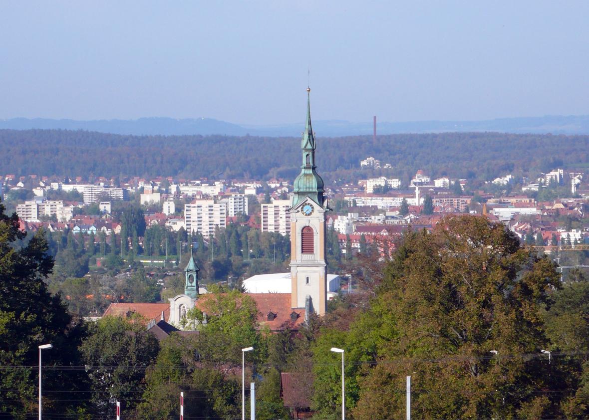 St Stephens Church in, Kreuzlingen with Konstanz (and Germany) in the background