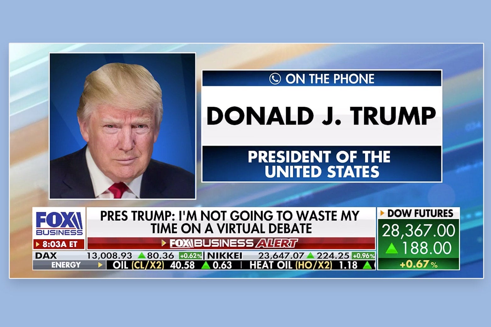 Fox News graphic for Donald Trump calling into the morning business show.