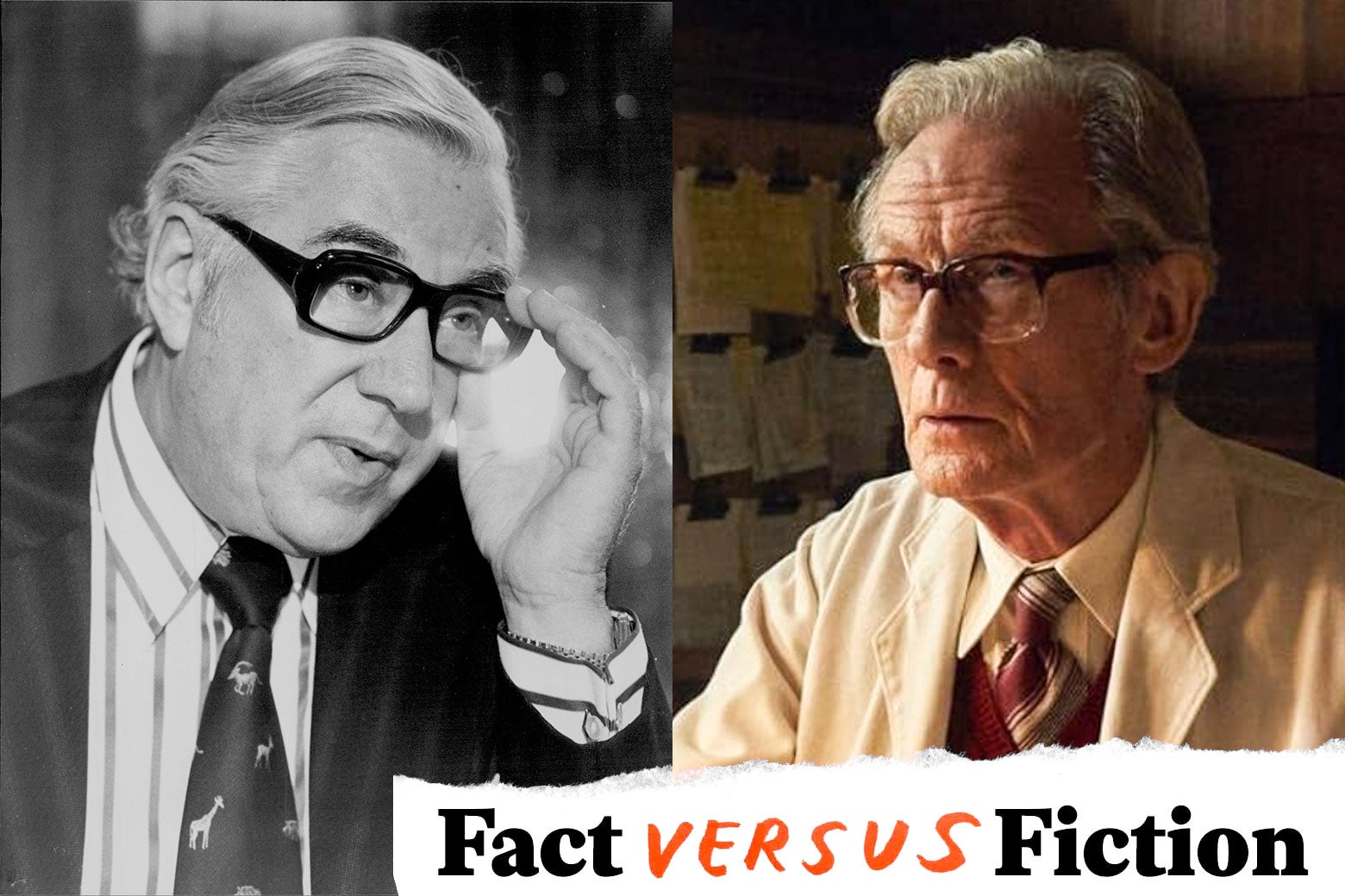 Side-by-side of a 1960s-era older white man wearing bold black glasses and a white lab coat, and an actor looking scientific.