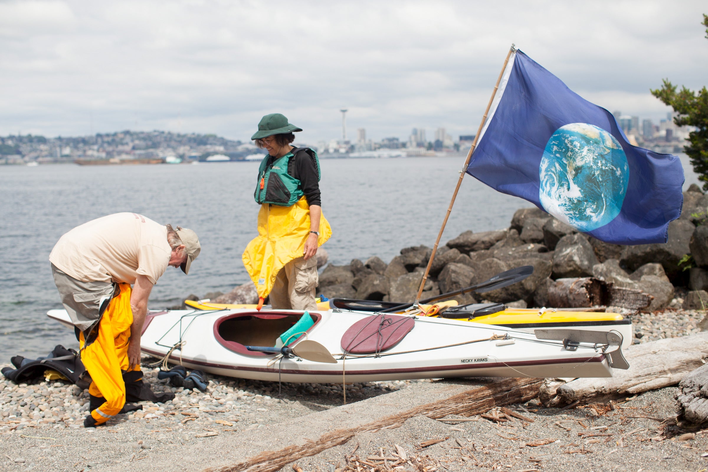 Martin Adams and Mira Leslie of Vashon Island prepare to enter the Puget Sound for a Shell Oil protest.