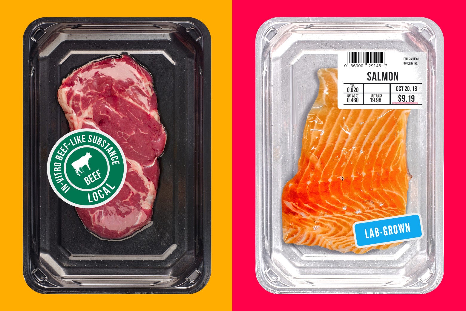 A package of beef labeled "in-vitro beef-like substance" and a package of salmon labeled "lab-grown."