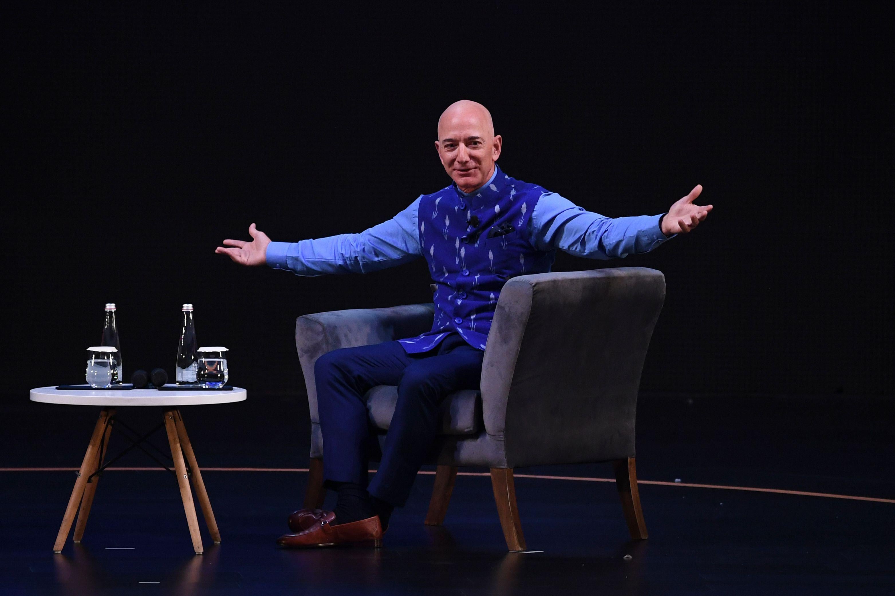 CEO of Amazon Jeff Bezos gestures during the Amazon's annual Smbhav event in New Delhi on Jan. 15, 2020. 