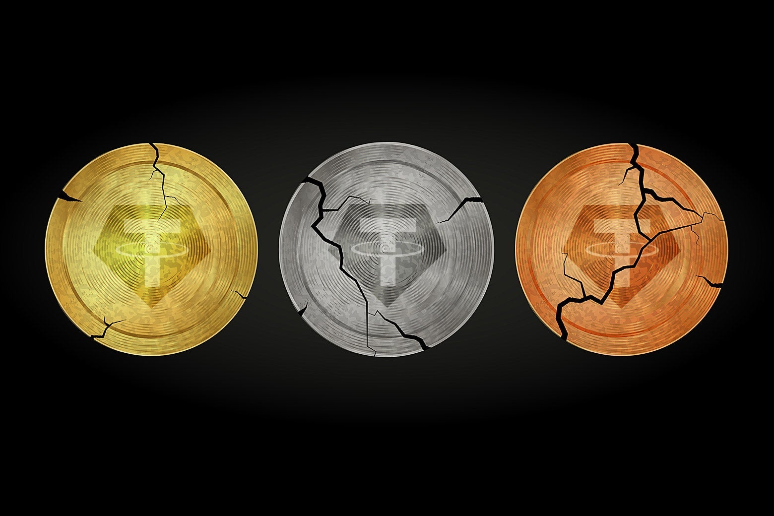 A gold Tether coin, a silver Tether coin, and a bronze Tether coin, all with varying amounts of cracks.