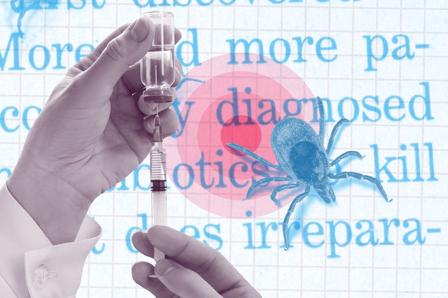 A hand with a syringe in a vial of medicine, a tick, and text about chronic Lyme.