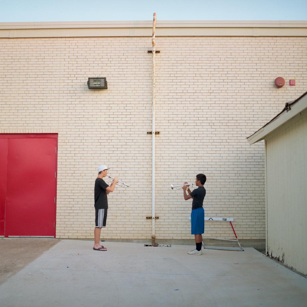 Trumpets. Trumpet players warm up, DCI Dallas, Lake Highlands High School, Dallas, Texas