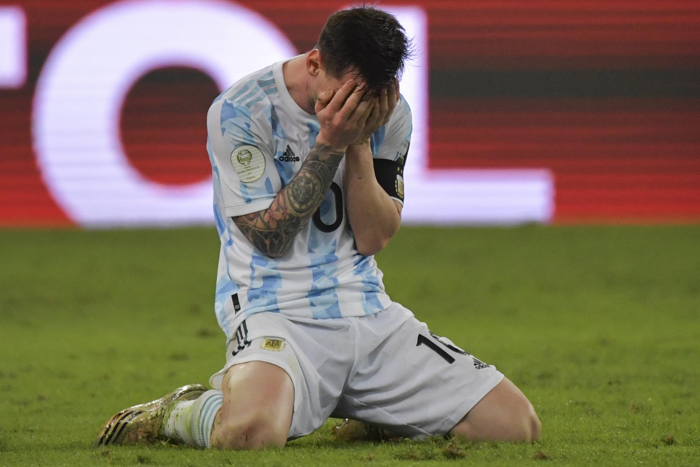 Argentina's Lionel Messi reacts in celebration after winning the Conmebol 2021 Copa America football tournament final match against Brazil at Maracana Stadium in Rio de Janeiro, Brazil, on July 10, 2021.