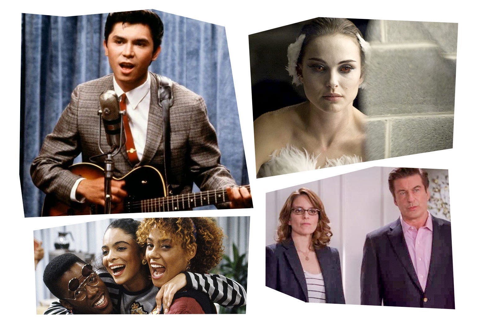 Stills of Lou Diamond Phillips playing guitar and leaning into a microphone; Natalie Portman in a mirror wearing white face paint; Jasmine Guy, Kadeem Hardison, and Cree Summer embracing; Tina Fey and Alec Baldwin standing side by side.
