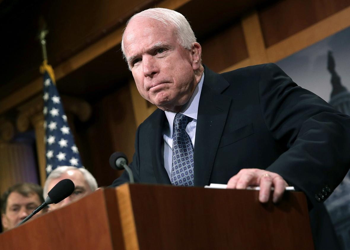 WASHINGTON, DC - FEBRUARY 05: Sen. John McCain (R-AZ) speaks during a press conference at the U.S. Capitol February 5, 2015 in Washington, DC. McCain and a group of bipartisan senators spoke out in favor of arming Ukrainians in their conflict with Russia. (Photo by Win McNamee/Getty Images)