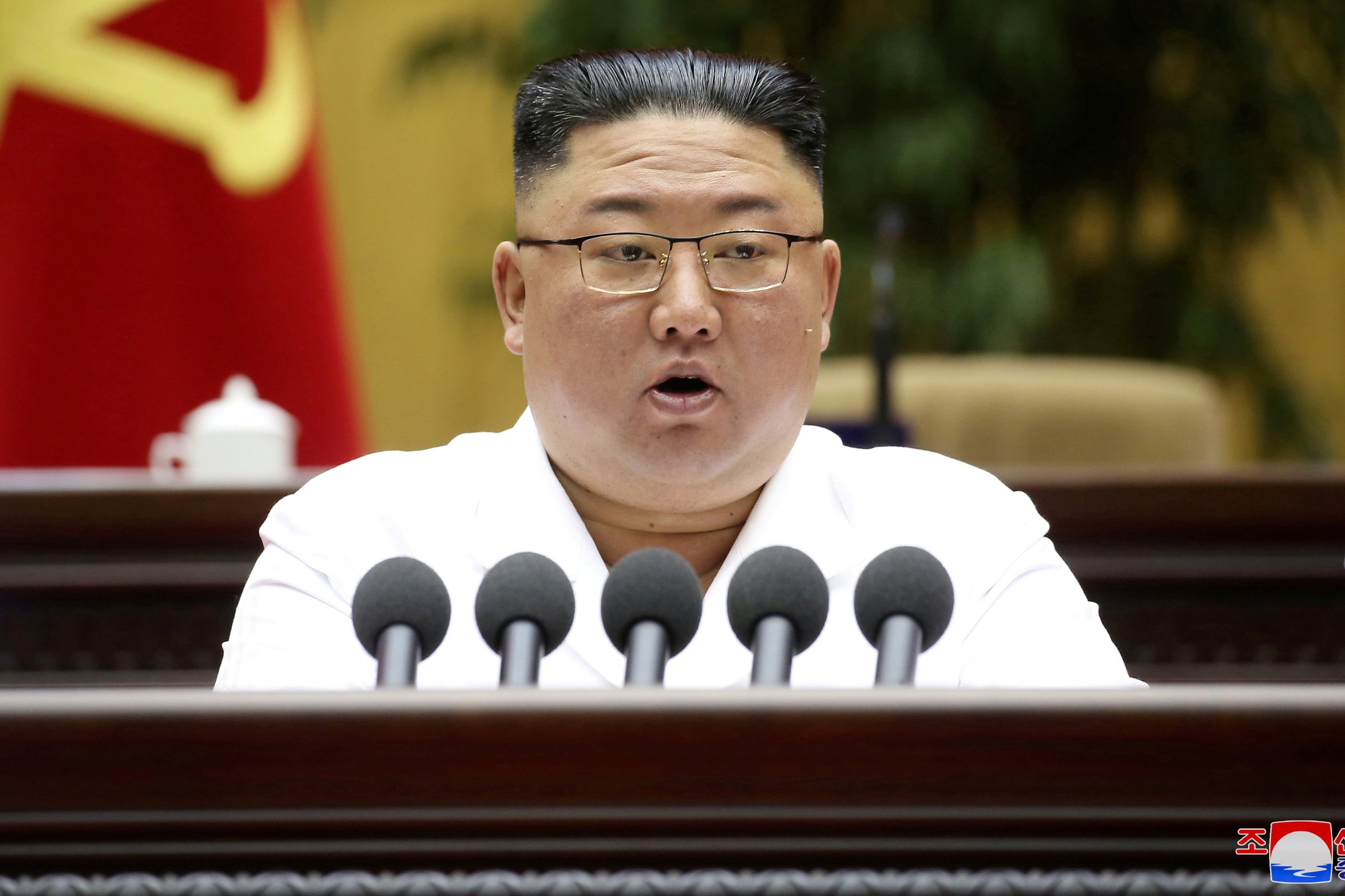 North Korean leader Kim Jong Un speaks during a conference of cell secretaries of the ruling Workers' Party in Pyongyang, in this undated photo released on April 9, 2021 by North Korea's Korean Central News Agency (KCNA). 