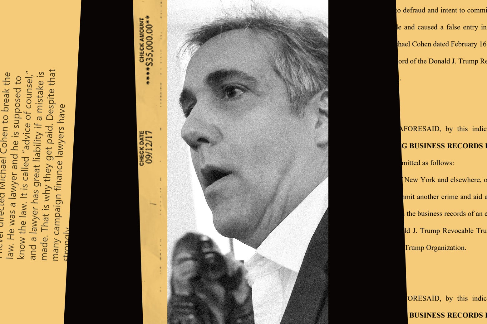 A collage featuring a black and white photo of Michael Cohen and some court documents.