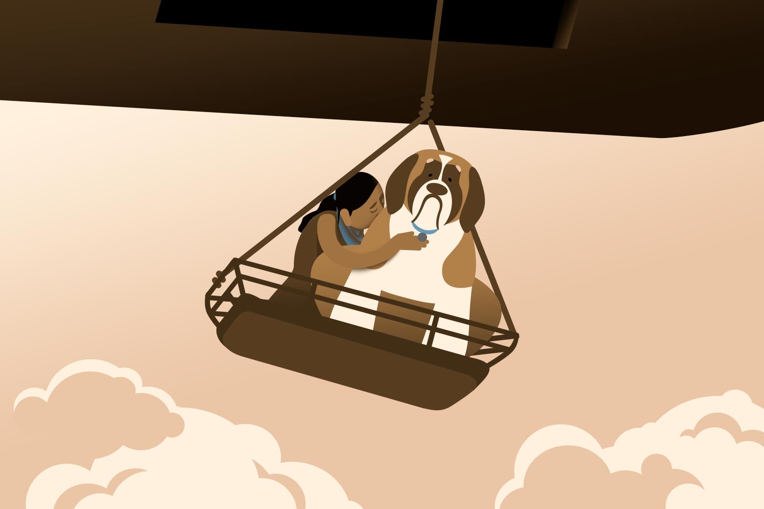 Illustration of a girl and a dog being rescued via helicopter, with the girl hugging the dog