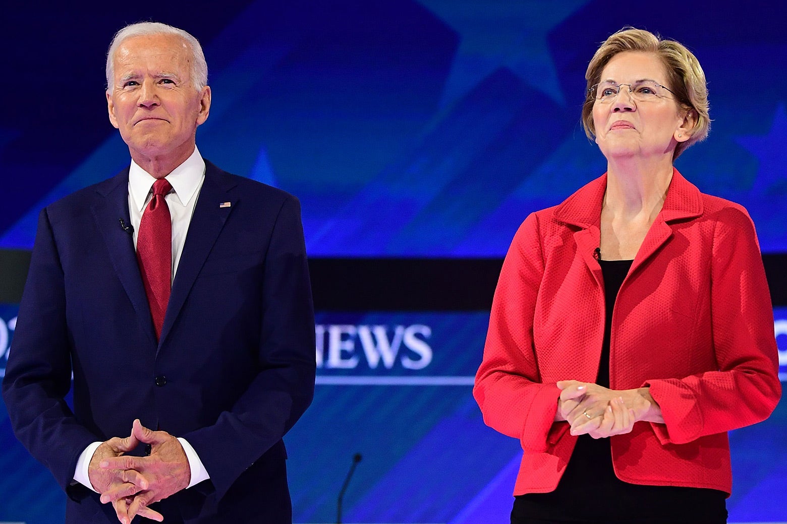 Joe Biden and Elizabeth Warren onstage.