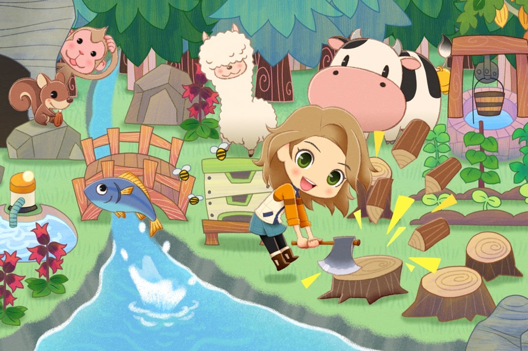 A young woman chops wood on a farm by a stream, surrounded by fish, a cow, and an alpaca.