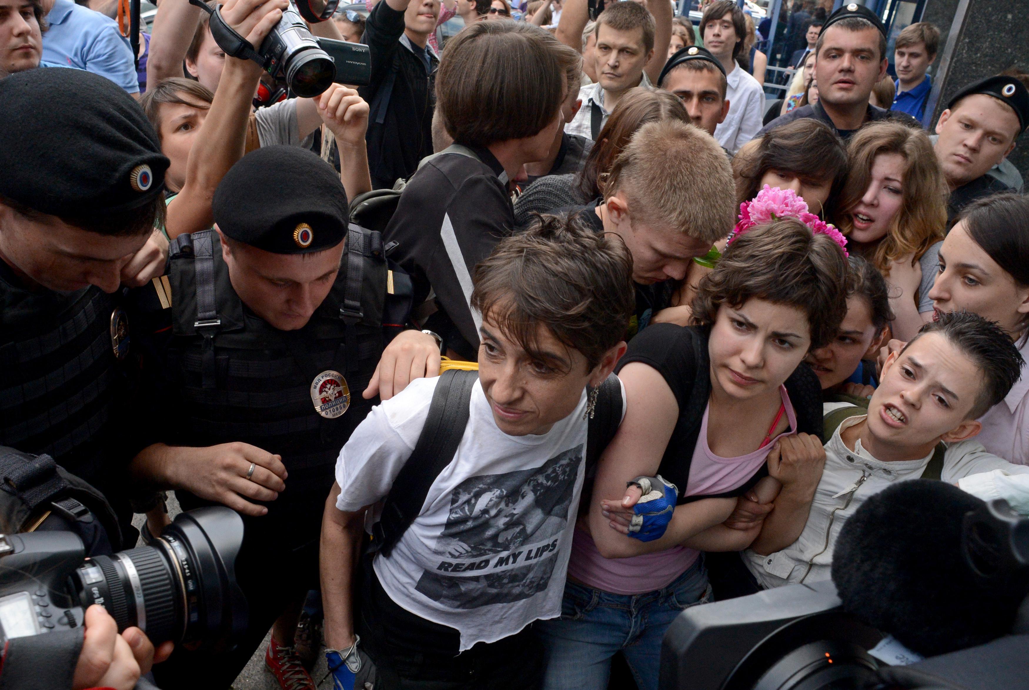 Masha Gessen (center in white T-shirt) and other protestors outside the State Duma, in Moscow, on June 11, 2013. 
