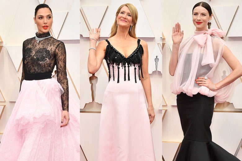 Collage of Gal Gadot, Laura Dern, and Caitriona Balfe wearing pink and black on the red carpet at the Oscars.