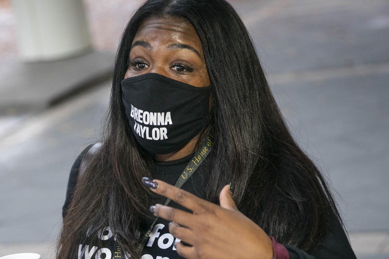 Rep.-elect Cori Bush (D-MO) speaks to the press outside of the Hyatt Regency hotel on Capitol Hill on November 12, 2020 in Washington, D.C.