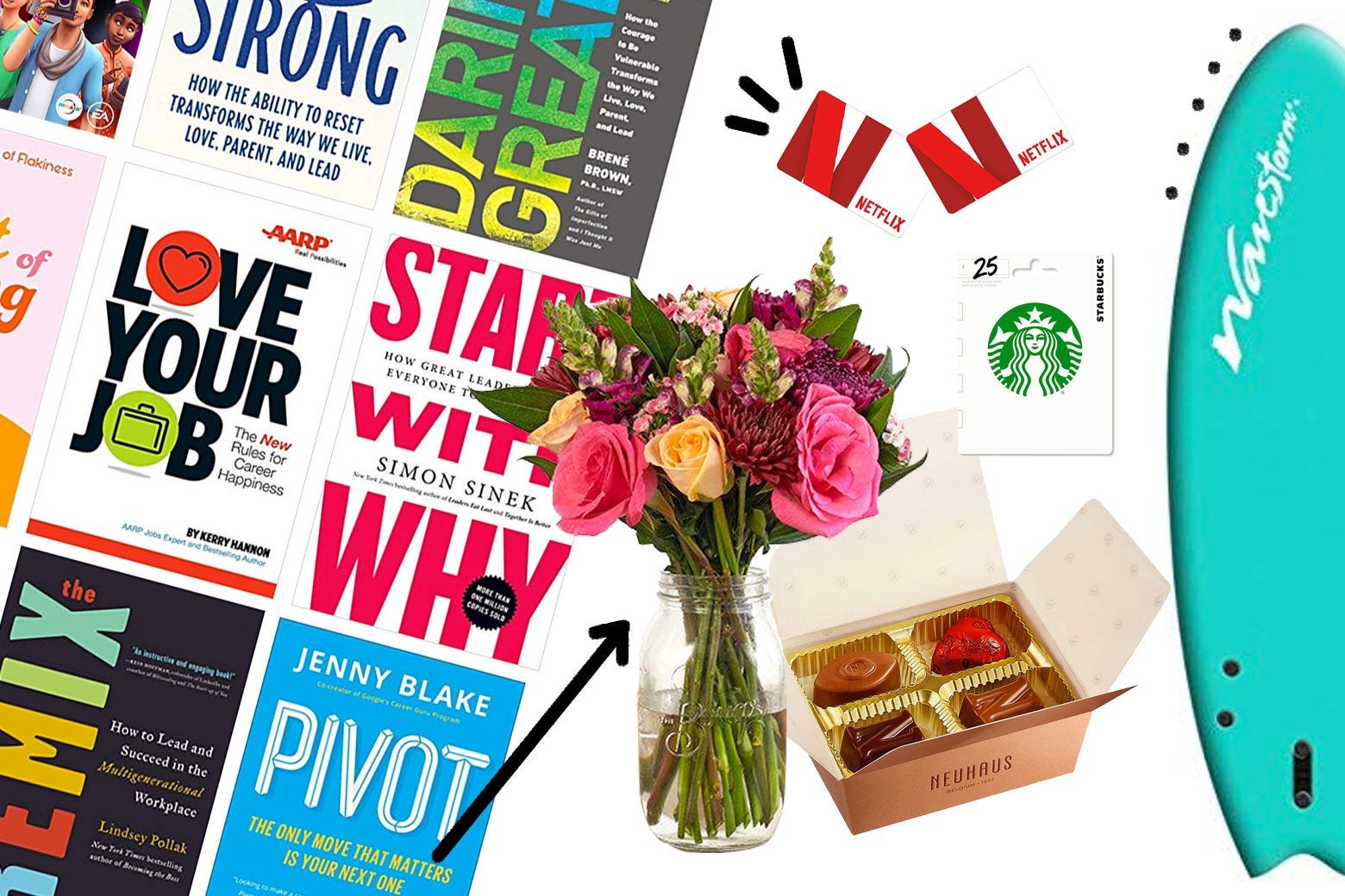 An arrangement of book, flowers, chocolates, and Starbucks and Netflix gift cards, along with a surfboard