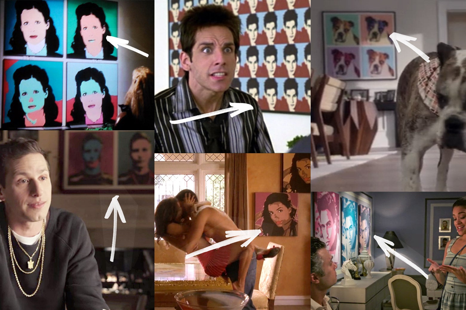 Movie scenes with Warhol-style portraits in the background.