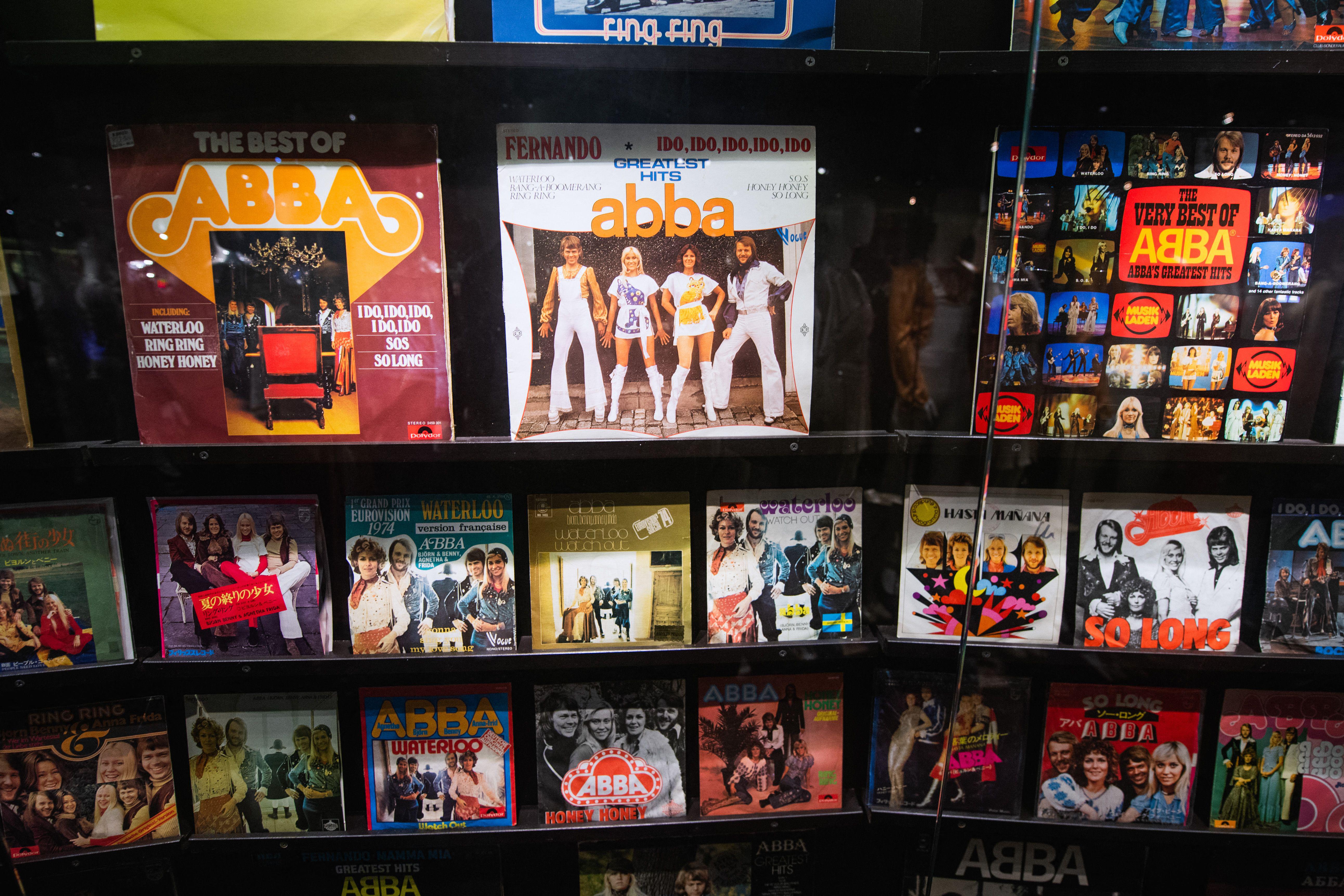 Swedish music band ABBA's international releases are displayed at the ABBA museum in Stockholm, Sweden on November 5, 2021. - ABBA's first album in 40 years, "The Voyage",  was released on November 5, 2021. (Photo by Jonathan NACKSTRAND / AFP) (Photo by JONATHAN NACKSTRAND/AFP via Getty Images)