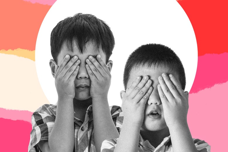Photo illustration of two boys covering their eyes.