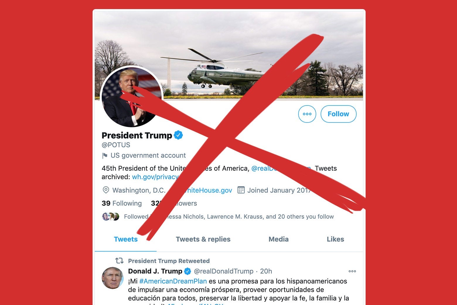 A red X over Donald Trump's Twitter profile