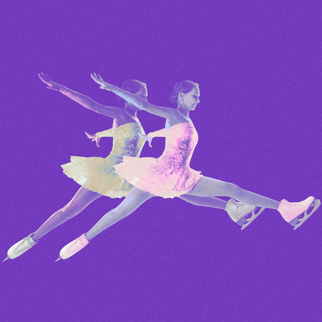 Repeating figure skaters against a purple background.