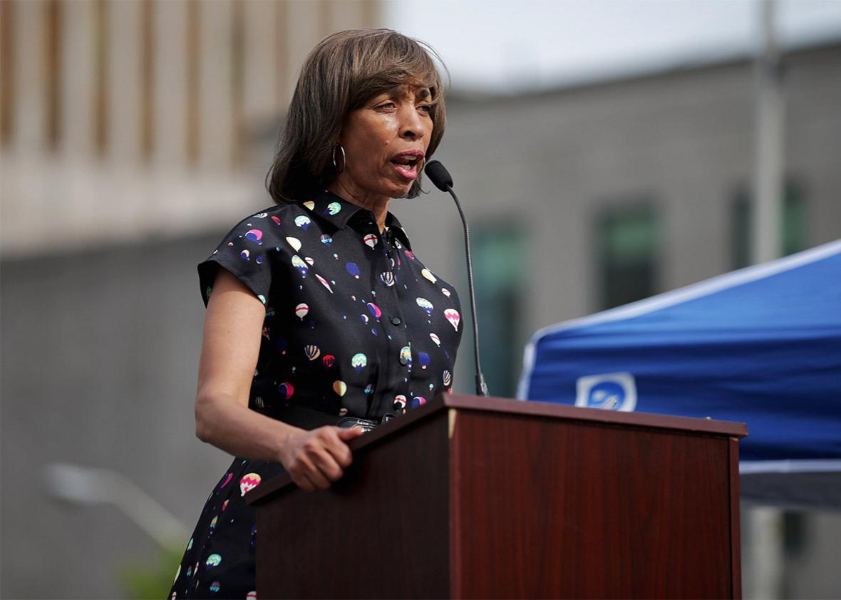Baltimore mayoral candidate and state Sen. Catherine Pugh addresses a rally to mark the anniversary of the death of city resident Freddie Gray at the War Memorial Plaza across from the City Hall April 25, 2016 in Baltimore, Maryland. 